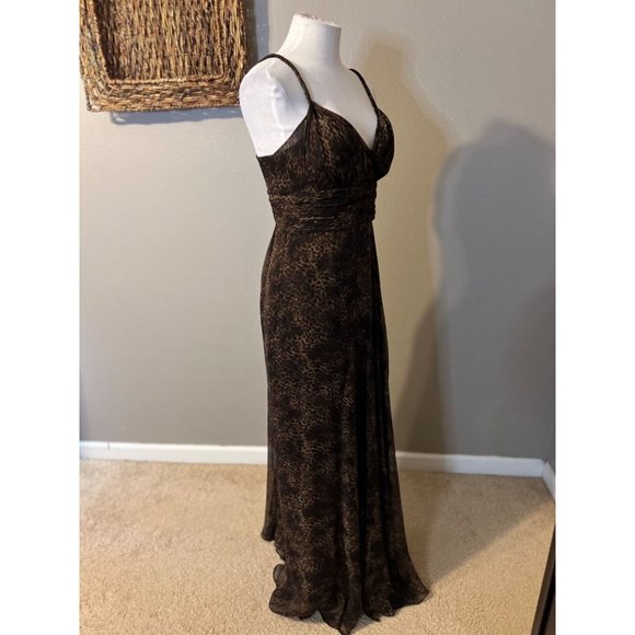 Teri Jon SIlk Maxi Dress 4 Small Black Brown Strappy Flowy Ruffle Y2K - Picture 3 of 13